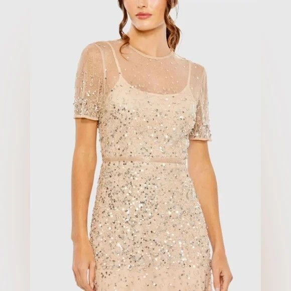 MAC DUGGAL HIGH NECK SHORT SLEEVE SEQUIN EMBELLISHED DRESS NUDE SILVER 8‎ 93909 - Picture 2 of 4